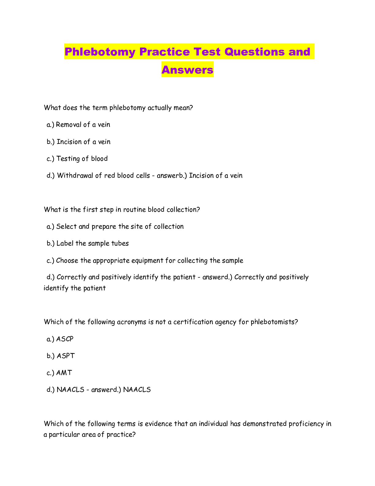 Preview image of Phlebotomy Practice Test Questions and Answers document